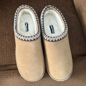Lands' End Tan Slippers with Patterned Trim